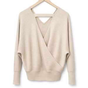 Pink Rose V-Neck Ribbed Beige Sweater with layered crisscross back